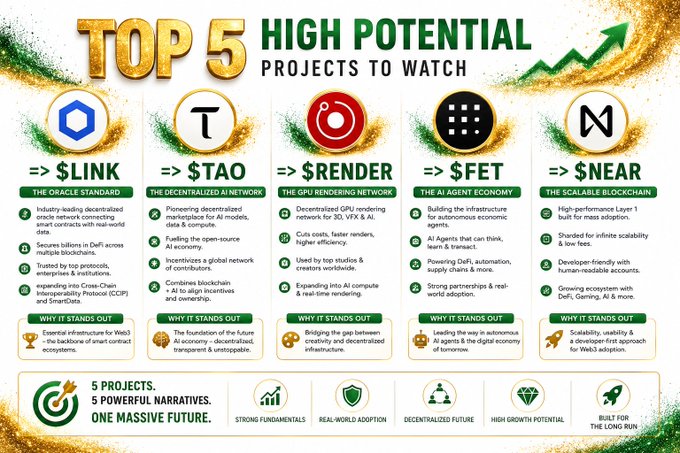 The image is an infographic titled "Top 5 High Potential Projects to Watch," highlighting five AI/crypto projects: $LINK (The Oracle Standard), $TAO (The Decentralized AI Network), $RENDER (The GPU Rendering Network), $FET (The AI Agent Economy), and $NEAR (The Scalable Blockchain), each with logos, key features, and standout qualities promoting strong fundamentals, real-world adoption, and decentralized growth. The graphic visually reinforces the accompanying post by identifying these same five tickers as bullish AI coin picks that whales may still be accumulating in 2026.