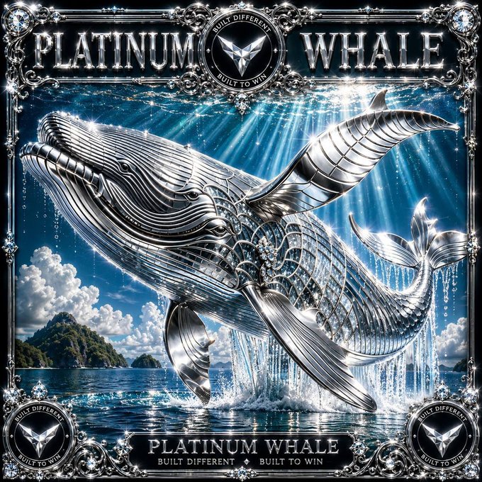 An ornate silver-framed digital artwork featuring a metallic whale breaching the ocean labeled 'PLATINUM WHALE' with the tagline 'BUILT DIFFERENT • BUILT TO WIN'.