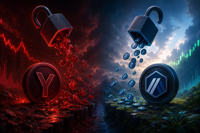 A dramatic digital artwork showing two crypto coins (one with 'Y' symbol on the left, one hexagon logo on the right) pouring from opened padlocks, with the left side depicting a red apocalyptic scene and the right showing a lush green landscape.