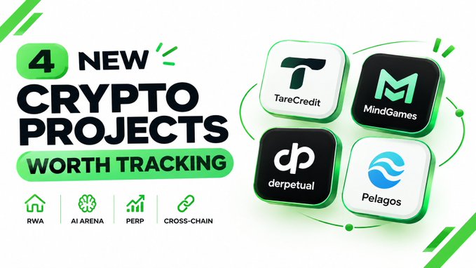 Promotional graphic titled "4 NEW CRYPTO PROJECTS WORTH TRACKING" featuring four crypto project logos—TareCredit, MindGames, Derpetual, and Pelagos—along with category icons for RWA, AI Arena, PERP, and Cross-Chain, visually introducing the four featured projects listed in the accompanying post.