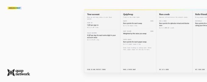 An 'ANNOUNCEMENT' graphic from 'quip network' displaying pricing tiers for 'Your account', 'QuiblySwap', 'Run a node', and 'Refer friends' with cost details in QP.