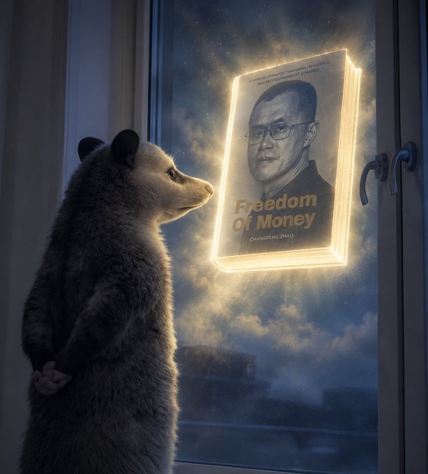 The image features a bear standing next to an open window with a book titled "Freedom of Money" displayed on the glass pane. The bear appears to be looking at the book intently, possibly intrigued by its contents or the message it conveys. The scene suggests that the bear might be contemplating the importance of financial freedom and how it relates to their own life in the context of the changing times and industry fluctuations depicted in the book.