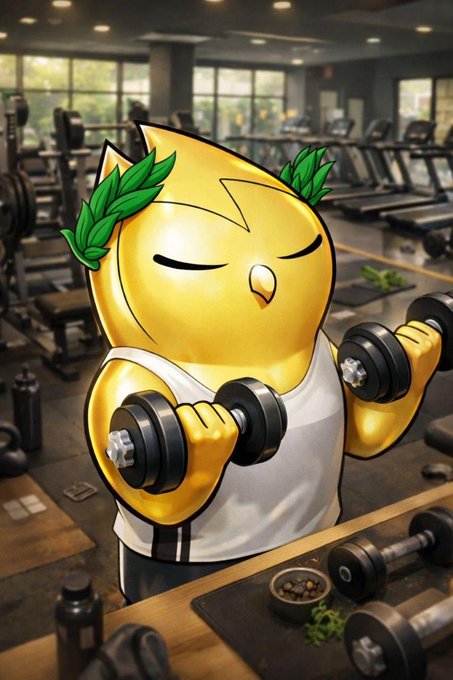 A cartoonish golden owl character wearing a white tank top and a green laurel wreath lifts dumbbells with a strained expression in a gym setting.