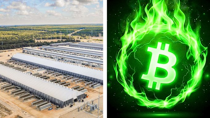 A split image showing aerial view of a large industrial facility on the left and a glowing green Bitcoin logo surrounded by flames on the right.