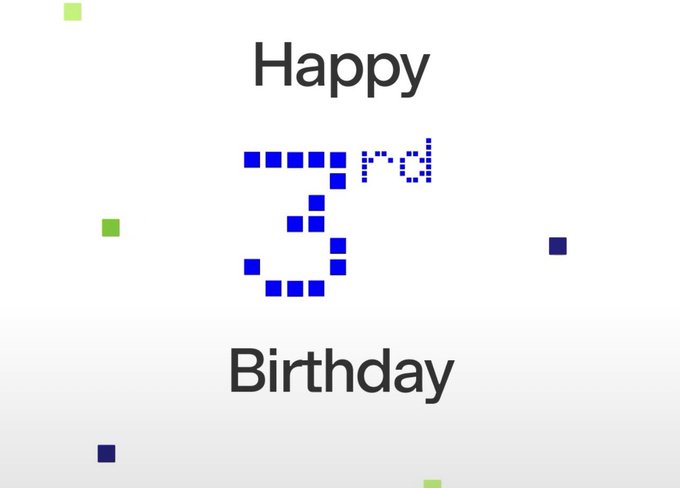 A simple 'Happy 3rd Birthday' digital greeting card with the '3rd' rendered in blue pixel art style and small green and blue decorative squares scattered around.