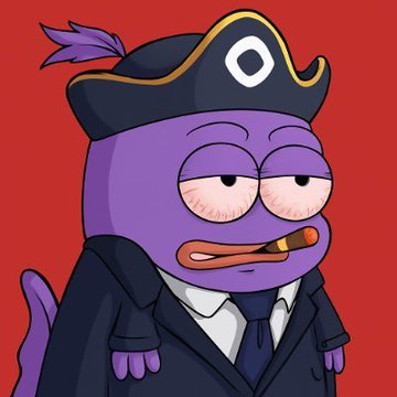 A cartoon illustration of a purple character wearing a pirate hat and business suit, holding a cigar in its mouth against a red background.