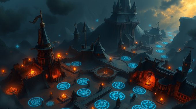 A fantasy digital artwork depicting a dark castle courtyard illuminated by glowing blue magical runes and orange fire braziers under a cloudy sky.