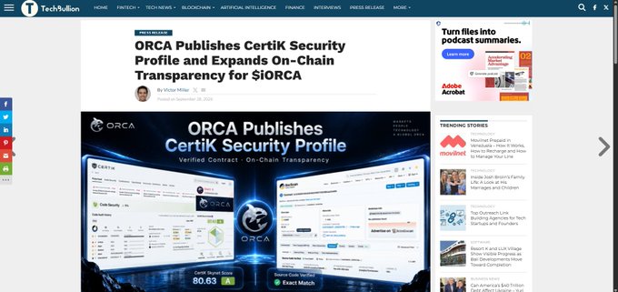 Screenshot of the TechBullion website featuring an article titled "ORCA Publishes CertiK Security Profile and Expands On-Chain Transparency for $ORCA," along with trending stories in the sidebar.