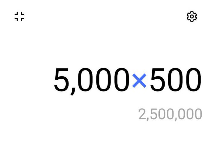 Minimalist calculator interface displaying "5,000×500" with the result "2,500,000" shown in gray below.