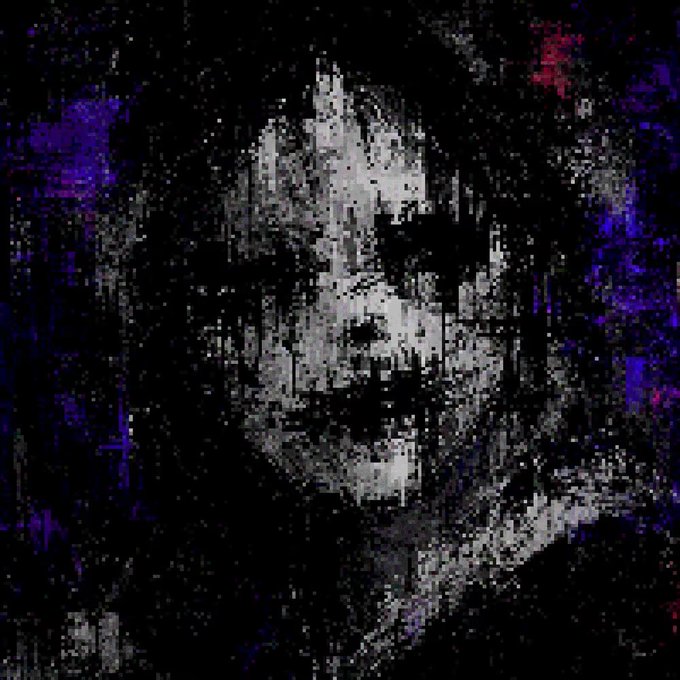 A highly distorted, glitch-art style image with pixelated black, white, and purple/red colors forming an abstract, barely recognizable figure.