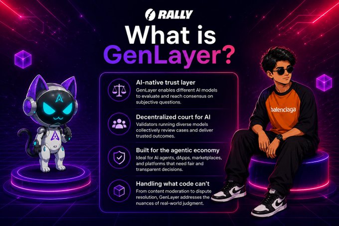 The image features two cartoon characters - one robot wearing sunglasses and the other a person sitting down, both with their arms crossed. The text above them reads "What is GenLayer?". This suggests that they are discussing or comparing the concept of GenLayer in relation to AI agents.