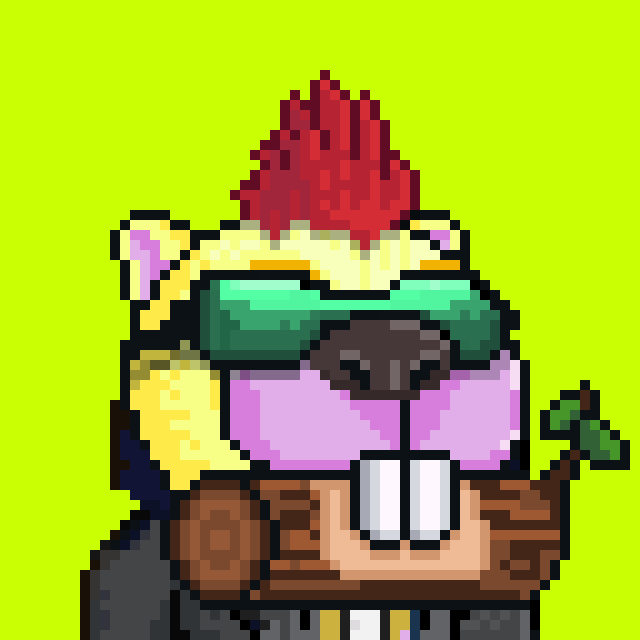 A pixel art style illustration of a red panda character wearing green sunglasses and a pink shirt, standing against a bright green background.