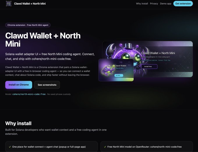 A webpage screenshot for 'Clawd Wallet + North Mini', a Chrome extension that serves as a Solana wallet adapter UI and free North Mini coding agent, featuring purple branding and an 'Install on Chrome' button.