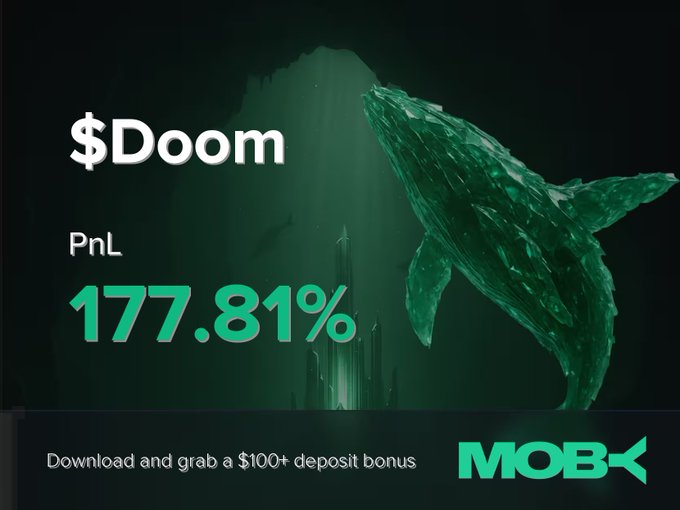 This image showcases a $Doom trade with a 177.81% PnL, highlighted by a large green whale representing a significant trade, alongside the Moby logo and a deposit bonus offer. The image directly visualizes the "Win Alert" mentioned in the accompanying post by emphasizing the ticker $Doom and its impressive PnL percentage.