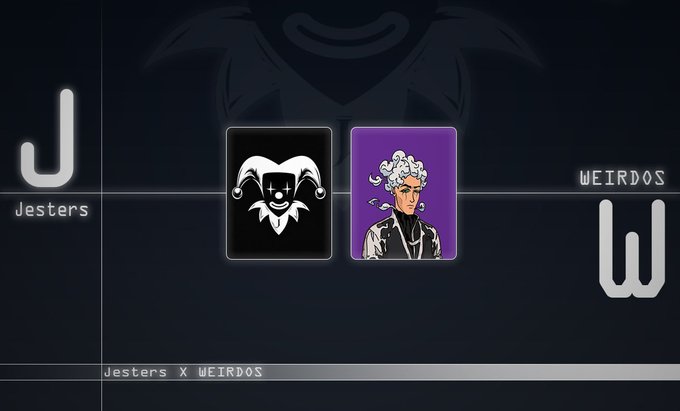 The image showcases a collaboration announcement featuring "Jesters X WEIRDOS," with two NFT profile pictures displayed side by side—a stylized black and white jester face icon and a purple-bordered illustration of a curly-haired character. Large "J" and "W" logos flank the artwork, with the word "WEIRDOS" on the right, visually promoting the joint NFT collection mentioned in the post.
