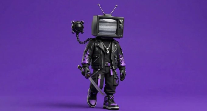 A 3D rendered character with a vintage television set for a head, wearing a black leather jacket with purple flame designs on the sleeves, holding a spiked ball and chain, set against a solid purple background.