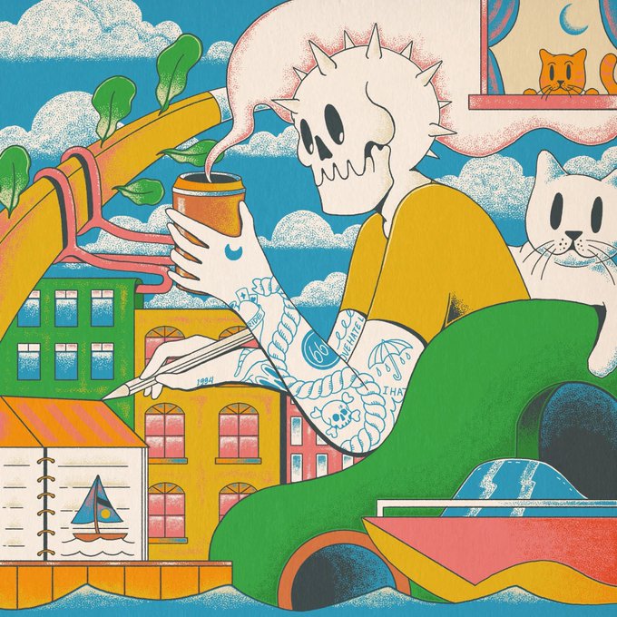 The image features a cartoon illustration of a man holding an orange can, with a cat sitting next to him. The scene takes place outdoors, possibly near a boat or a house. There are also other elements present in the image such as trees, buildings, and boats. The caption for this image reads "Bid now transient/nfts/ethereum/ ...". This suggests that there might be an ongoing auction or sale of digital artworks on the internet at the moment depicted in the illustration.