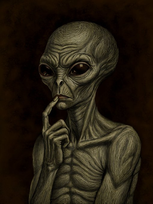 A thin, gray alien figure with large black almond-shaped eyes and a wrinkled, bald head holds a finger to its lips in a contemplative "shh" gesture against a dark textured background, embodying the quiet existential solitude referenced in the post's caption about an observer feeling alone in an endless universe.