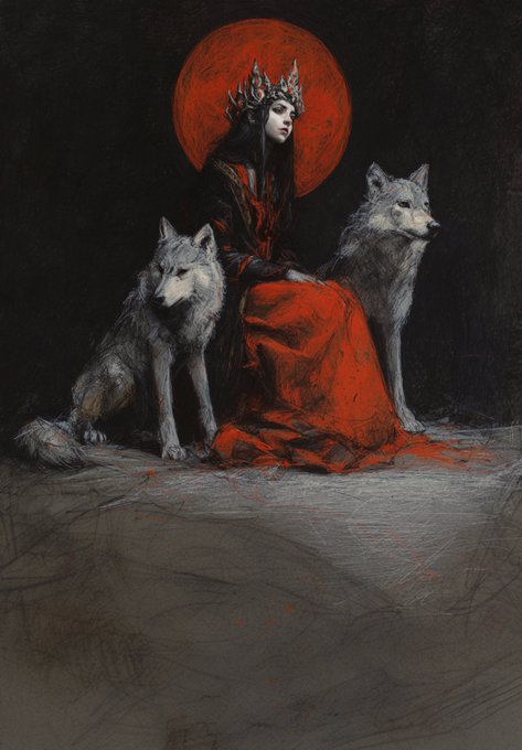 A dark fantasy illustration of a crowned woman in a flowing red dress seated on the ground, flanked by two gray wolves beneath a red moon.