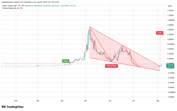 A TradingView chart for 'SKWM / Tether USD' shows a technical analysis pattern featuring a 'Falling Wedge' with marked 'Target' zones.