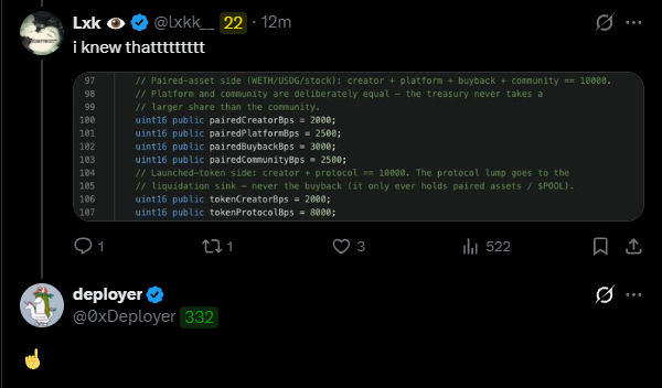 The image shows a screenshot of two tweets: user @Lxkk tweets "i knew thattttttt" in response to a code snippet detailing Paired-asset side (WETH/USOC/stock) allocations, including creator (2000), platform (2500), buyback (3000), community (2500), creator Bps (2000), tokenProtocol (8000), and noting that liquidation on the token-side goes to the creator, not the buyback. Below it, @0xDeployer reacts with a thumbs-up emoji, suggesting endorsement of the discussion about pools.fun's upcoming official protocol token, potentially tickered $POOL.