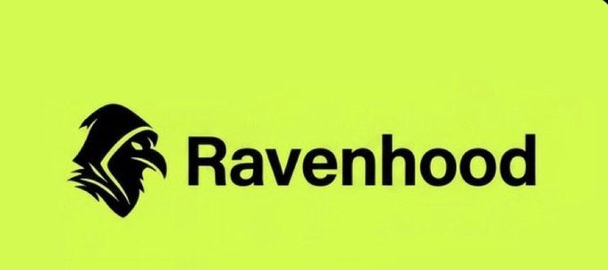 A logo featuring a black raven head silhouette next to the text 'Ravenhood' on a bright lime green background.