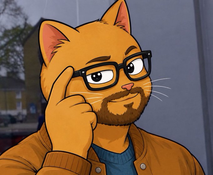 An anthropomorphic illustration of an orange cat with a brown beard, wearing black glasses and a brown jacket, posing thoughtfully with one finger to its temple.