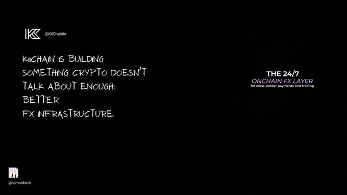 A black presentation slide features the @KiiChainio logo and states 'KiiChain is building something crypto doesn't talk about enough. Better FX Infrastructure' with 'The 24/7 Onchain FX Layer for cross-border payments and trading' on the right.