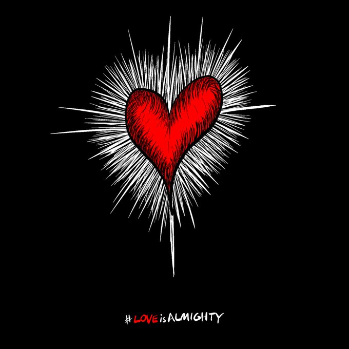 An illustration of a red heart with radiating white spikes on a black background, with the text "#LOVEisALMIGHTY" at the bottom.