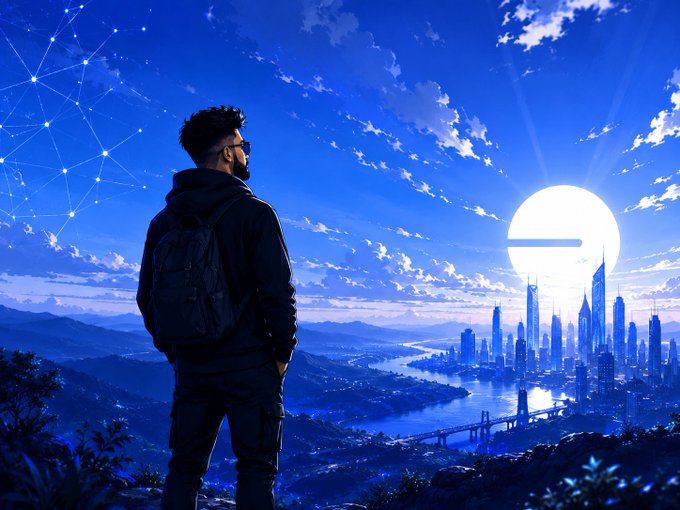 A man with a backpack stands on a hill overlooking a futuristic city skyline at sunset, gazing toward a glowing horizon with the Base logo prominently displayed in the sky. The image visually reinforces the post's theme of growth and momentum in the Base ecosystem, symbolizing a builder looking out at an expanding onchain future filled with opportunity.