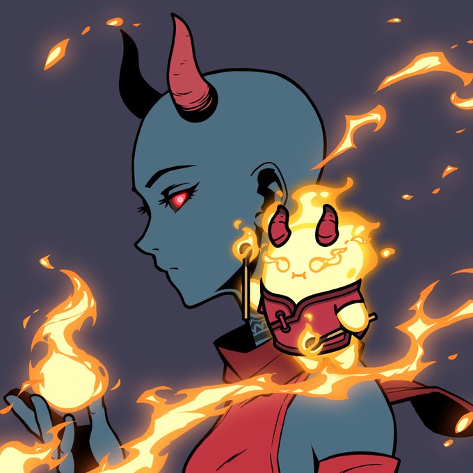 A cartoon-style illustration of a blue-skinned horned figure with a red glowing eye, accompanied by a small flame creature holding a knife, surrounded by fire.