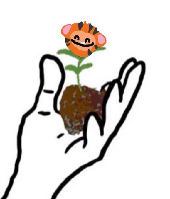 A simple drawing of a hand holding a clump of soil with a smiling tiger face on a sprout growing from it.