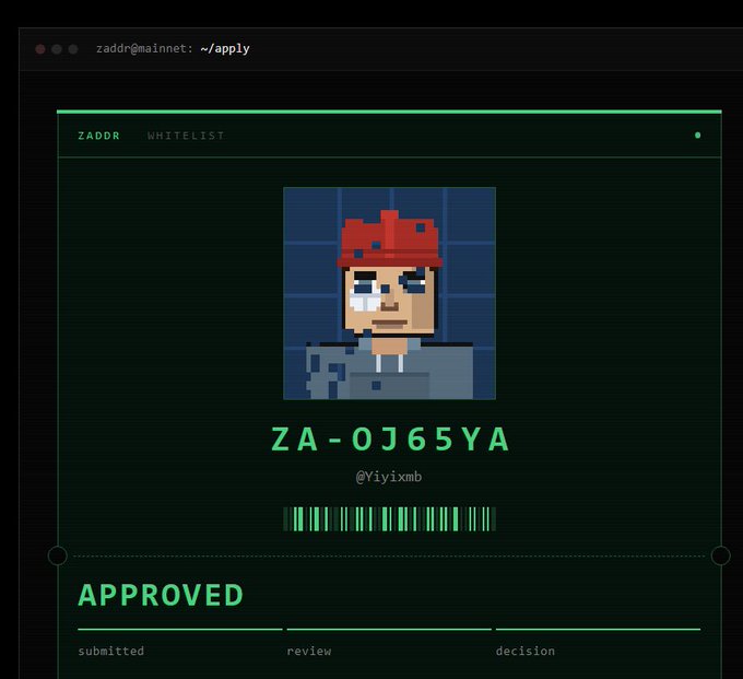 A terminal-style interface showing a pixel art avatar with the username 'ZADDR' and approval code 'ZA-OJ65YA @yiyixmb' marked as 'APPROVED'.