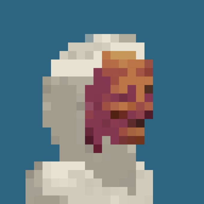 A low-resolution pixel art portrait of a person with dark reddish-purple skin and a white head wrap against a solid dark teal background.