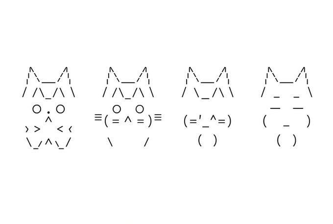 Four ASCII art cat faces made of slashes, parentheses, and other characters are displayed in a row on a white background.