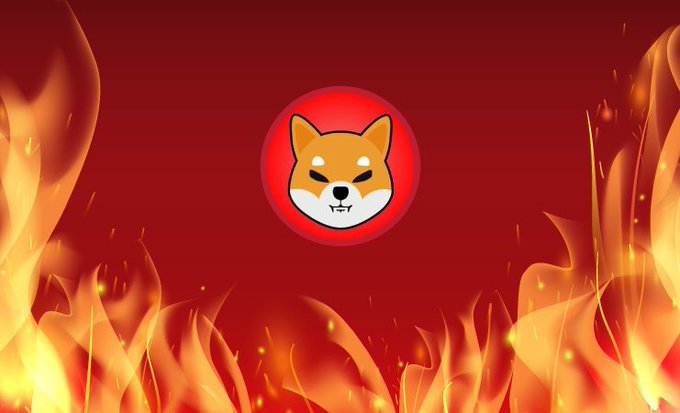 A Shiba Inu dog logo with fangs set against a red circular background, framed by orange and yellow flames on a dark red backdrop, representing the SHIB cryptocurrency.