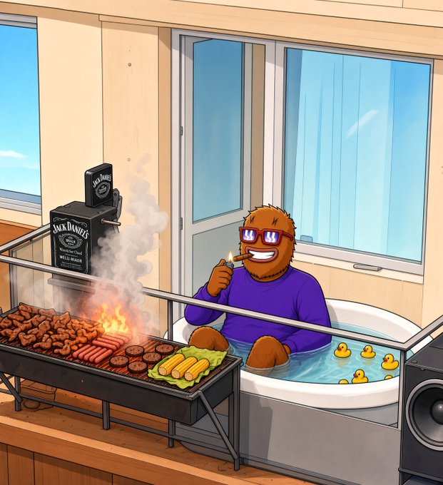 A cartoon-style illustration shows a brown furry character wearing sunglasses and a purple shirt relaxing in a bathtub with rubber ducks while smoking a cigar, with a barbecue grill cooking meat and vegetables in the foreground and two Jack Daniel's whiskey dispensers mounted on the wall.