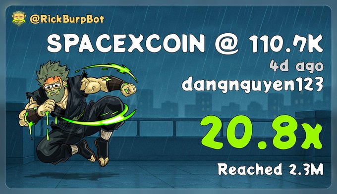 An anime-style graphic featuring a character with green hair and sword, advertising "SPACEXCOIN @ 110.7K" with a 20.8x gain reaching 2.3M from account @RickBurpBot, dated 4 days ago, by dangnguyen123.
