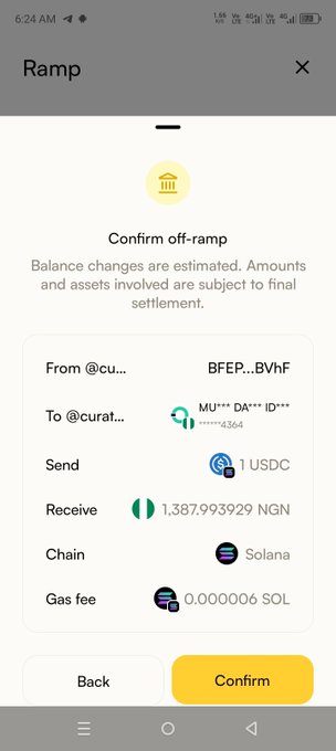 The image shows a "Confirm off-ramp" screen in a mobile app, displaying a transaction where 1 USDC is being sent from a wallet (BFEP...BVhF) to a bank account (MU*** DA*** ID*** 4364), in exchange for 1,387.93929 NGN on the Solana chain with a gas fee of 0.000006 SOL.

This screenshot directly supports the "Moove Ramp" promotion by showcasing a completed off-ramp transaction with a competitive rate, illustrating how users can easily convert their crypto (USDC) into local fiat currency (NGN).