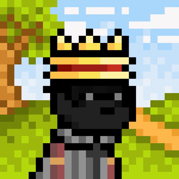 A pixel art character with a crown, sunglasses, and dark clothing standing in a blocky landscape.
