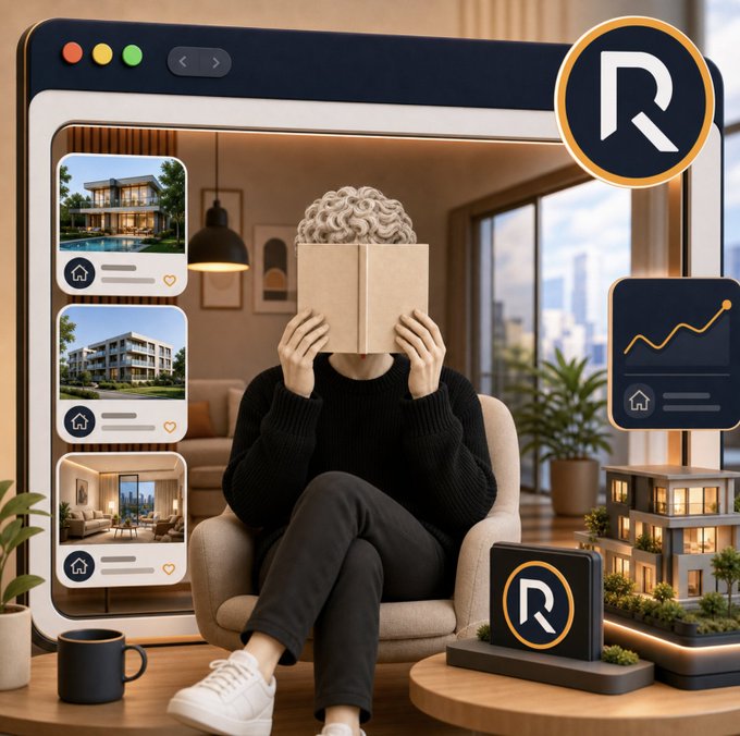 A person with curly hair sits reading a book inside a giant browser window displaying real estate listings, surrounded by the "R" Reental logo, an upward trending chart, and a miniature house model. The image visually represents Reental's tokenized real estate platform and the $RNT giveaway promotion.