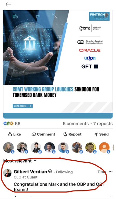 A LinkedIn post announcing 'CBMT WORKING GROUP LAUNCHES SANDBOX FOR TOKENISED BANK MONEY' featuring logos for FinTech, CBMT, Giesecke+Devrient, Oracle, UDSN, and GFT, with a highlighted comment by Gilbert Verdian, CEO at Quant, congratulating Mark and the OBP and CGI teams.