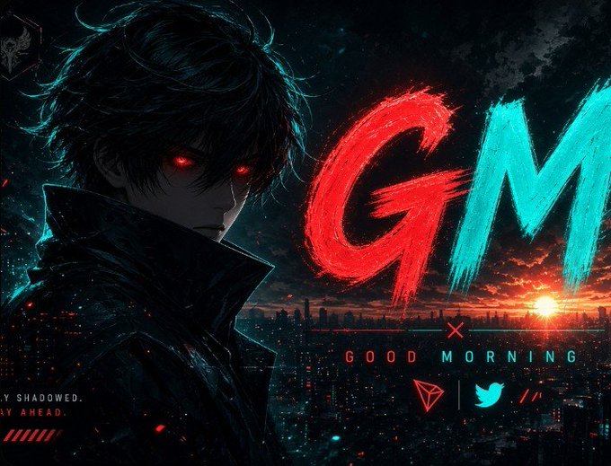 An anime-style 'GM' (Good Morning) graphic featuring a dark-haired character with red eyes against a neon cityscape at sunset, with Ethereum and Twitter logos displayed.
