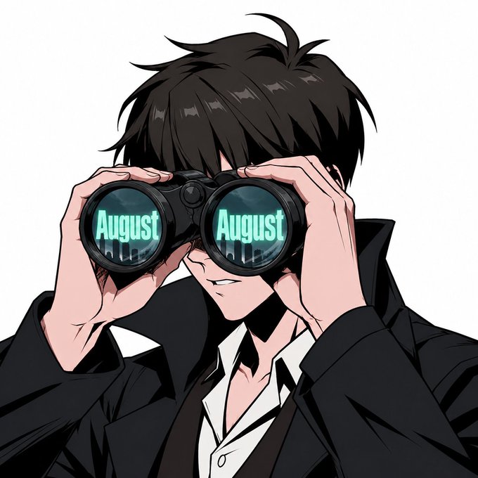 An anime-style illustration of a young man looking through black binoculars that display the word 'August' in cyan lettering on each lens.