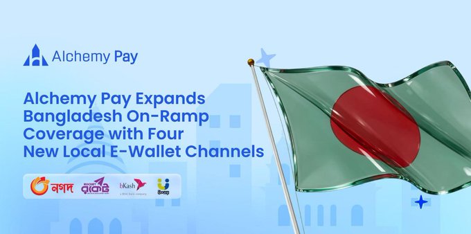 The image is a promotional graphic for Alchemy Pay announcing its expansion of On-Ramp services in Bangladesh, featuring the company's logo, the headline "Alchemy Pay Expands Bangladesh On-Ramp Coverage with Four New Local E-Wallet Channels," and logos for bKash, Nagad, Rocket, and Upay alongside a large Bangladeshi flag.