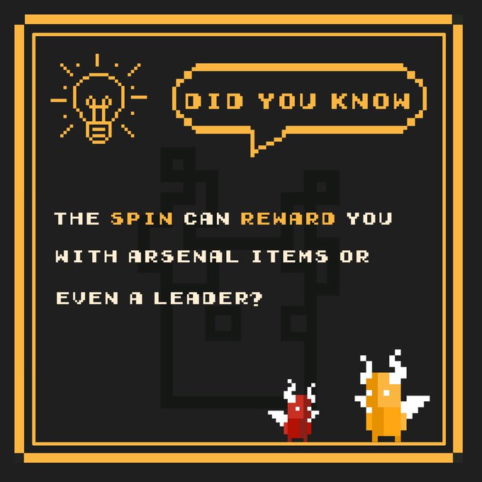 A pixel art graphic with a 'DID YOU KNOW' speech bubble that reads: 'The spin can reward you with Arsenal items or even a leader?', decorated with pixel art characters.