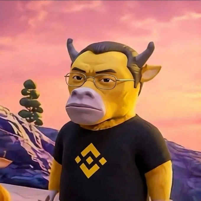A 3D-rendered character with a yellow bull-like head, horns, and glasses, wearing a black t-shirt with a yellow Binance logo, set against a sunset landscape.