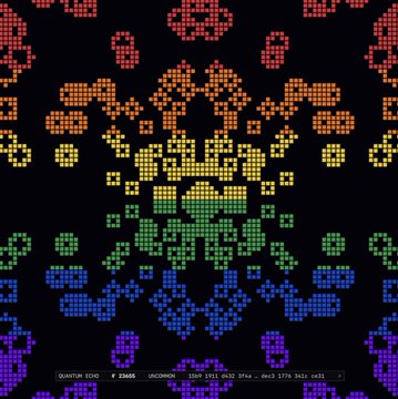 A digital art piece or wallpaper featuring a symmetrical, kaleidoscopic pattern made of colorful pixelated dots resembling a butterfly, set against a black background.