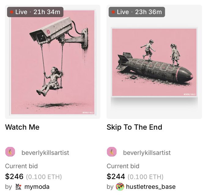 Two live NFT auction listings by beverlykillsartist titled 'Watch Me' (current bid $246 / 0.100 ETH by mymoda) showing a child on a surveillance camera swing, and 'Skip To The End' (current bid $244 / 0.100 ETH by hustletrees_base) showing children playing on a missile, both on pink backgrounds.