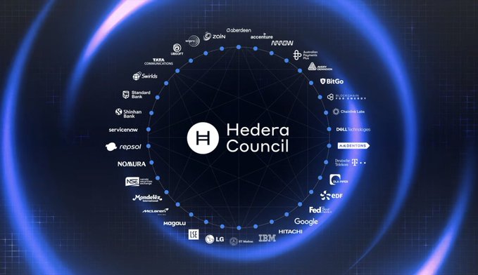 The image features a large circle with various logos, including those for IBM, Google, HEDERA COUNCIL, and others. The text "I'd say @hedera has a pretty strong chance of being that chain" suggests that these logos are associated with the company named Hedera Council. This implies that the company is likely to be a part of the council or is involved in some way related to their operations.